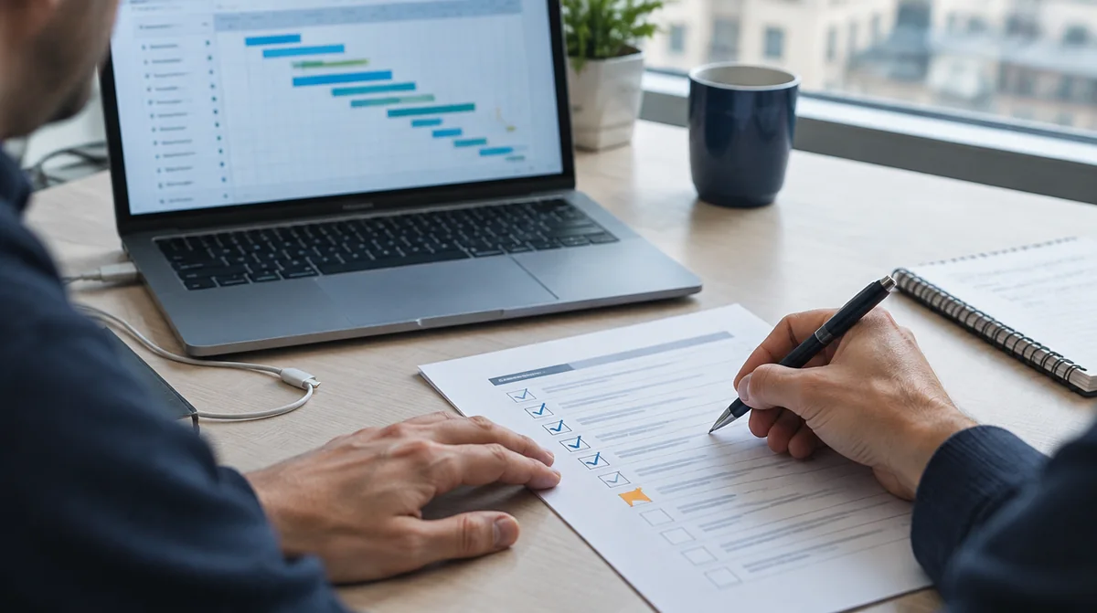Un professionnel vérifie une checklist de mise en production à côté d’un planning.